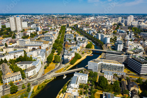 Panoramic view of Rennes city with modern apartment buildings , administrative center of Brittany region, France..