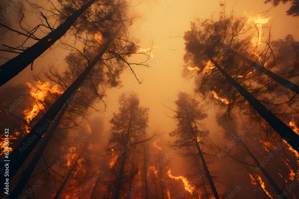 Wide-Angle Close-Up of Forest Fire in Low Angle