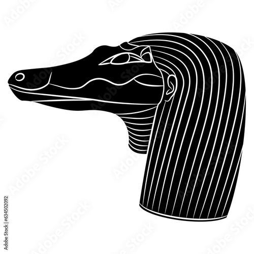 Head of ancient Egyptian crocodile god Sebek or Sobek. Antique ethnic animal design. Black and white negative silhouette.