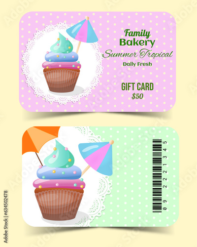 Sweet bakery cupcake gift card front and back in vector