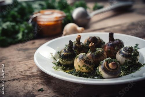 Escargots with garlic butter and herbs, served on a white ceramic plate, accompanied by a rustic wooden table, capturing the essence of gourmet French cuisine in a fine dining experience.