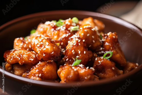 Korean-style fried chicken bites coated in a sticky and sweet soy-garlic sauce, topped with sesame seeds, captured in a mouth-watering macro shot.