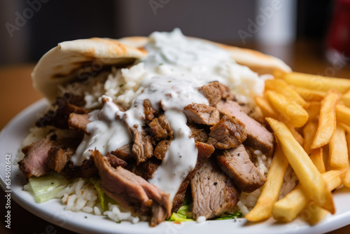 Gyro platter featuring juicy grilled meat, fluffy rice, crispy fries, and a side of creamy tzatziki sauce, capturing the savory and mouth-watering essence of Mediterranean cuisine.