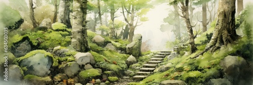 illustration of forest with winding stone path stairs  stone architecture  moss  generative AI