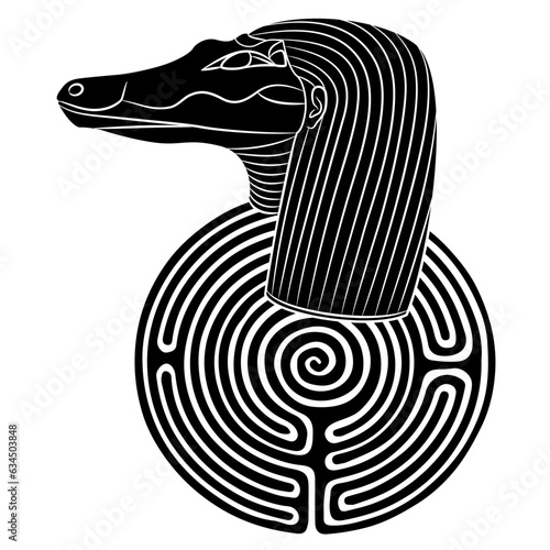 Head of ancient Egyptian crocodile god Sebek or Sobek and a round spiral maze or labyrinth symbol. Creative mythological concept. Black and white silhouette.