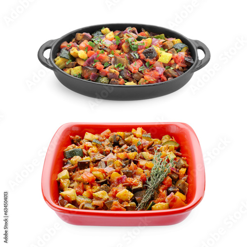 Tasty ratatouille in baking dishes isolated on white