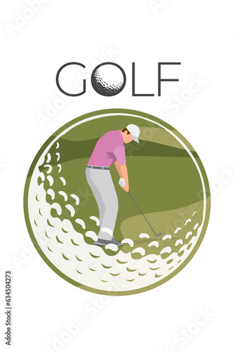 Golfer with golf ball frame at green Golf course. Vector illustration.