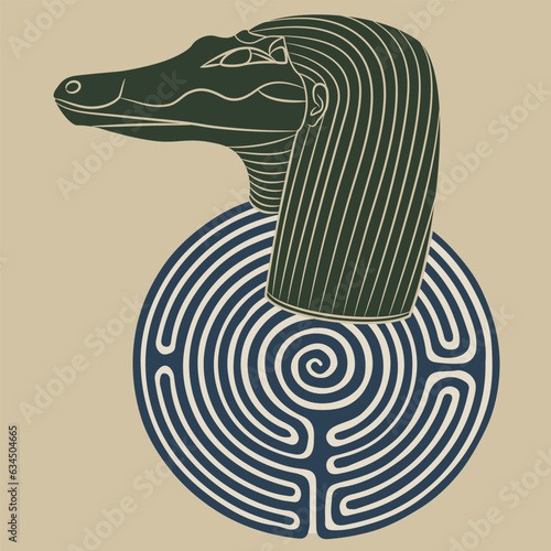 Head of ancient Egyptian crocodile god Sebek or Sobek and a round spiral maze or labyrinth symbol. Creative mythological concept. 