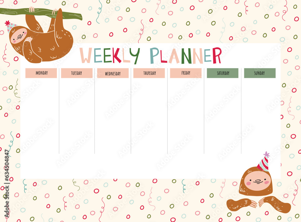 set of weekly planners with cute Sloth. Kids schedule of classes. Notes ...