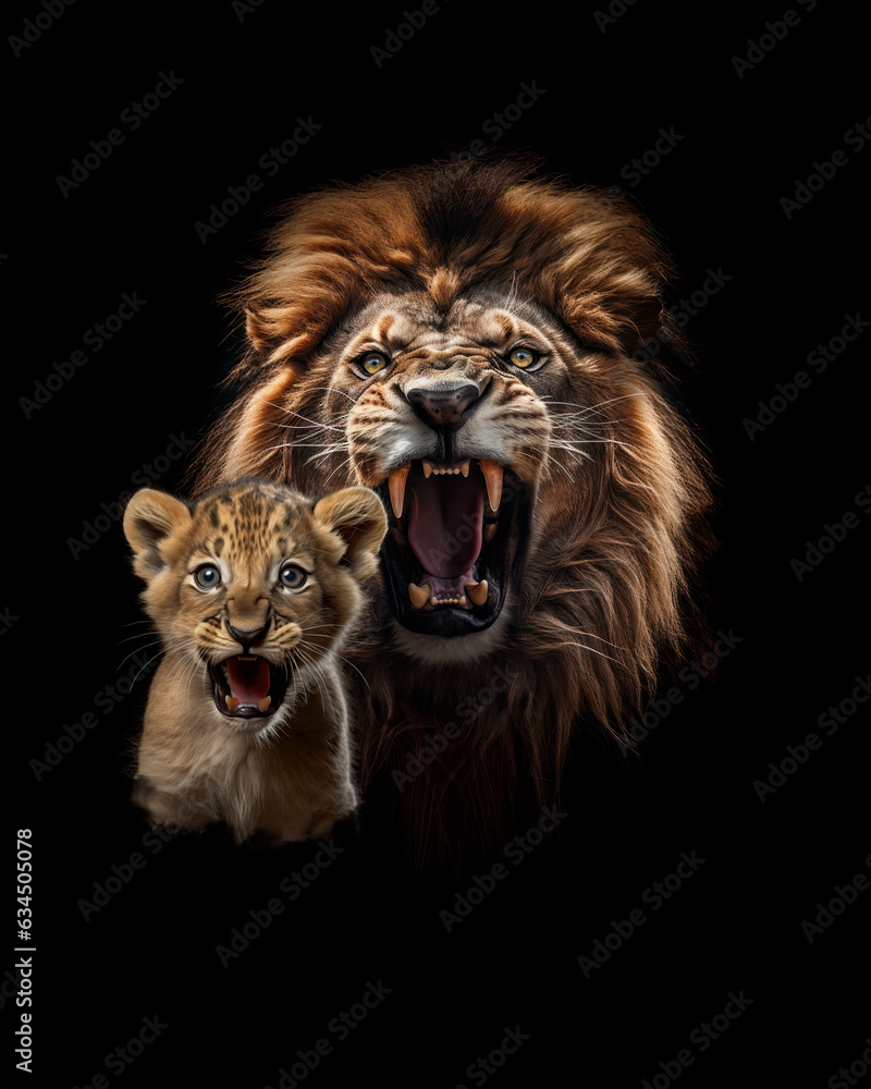 Divine Connection: Roaring Lion of Judah and Fierce Cub Portray the Biblical Majesty and Ancestral Bond, Set on a Black Background.
