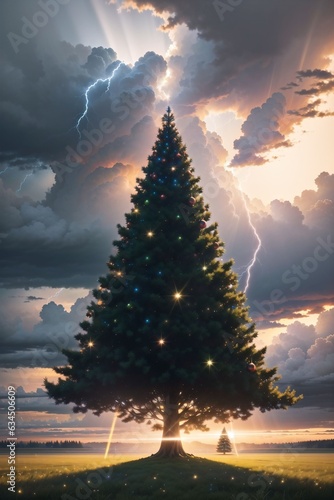 Bright Christmas tree in a large field with dark clouds and lightning in the sky, wallpaper xmas