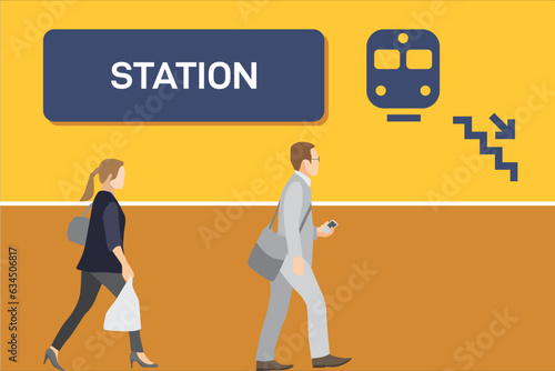 Woman and man walking with mask and train signage on wall. Vector illustration.