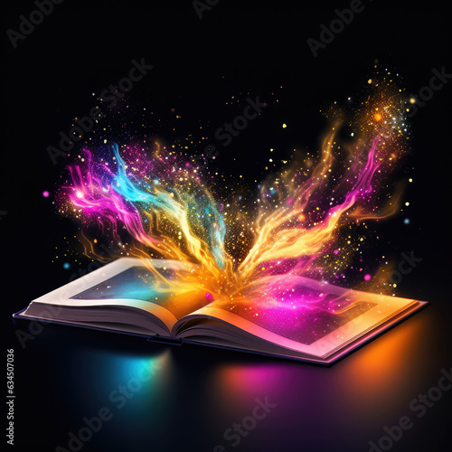 Magic knowledge book with paint splash on a dark background. Open colorful book. Generative AI