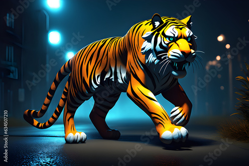 The tiger walking in the city. Generative AI