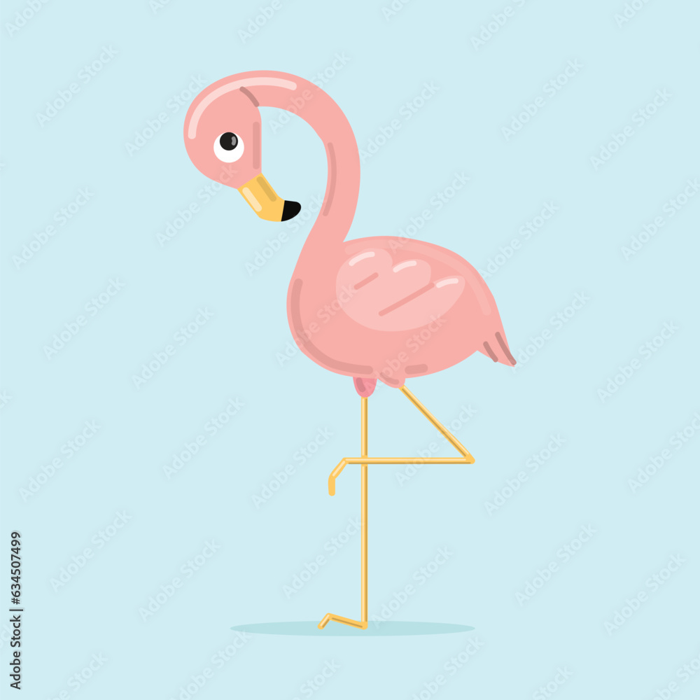 Fototapeta premium Elegant flamingo bird isolated on white background. Vector illustration in kawaii cartoon style.