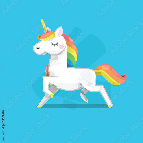 Cute little white magical unicorn with rainbow hair. Vector illustration for children design. 