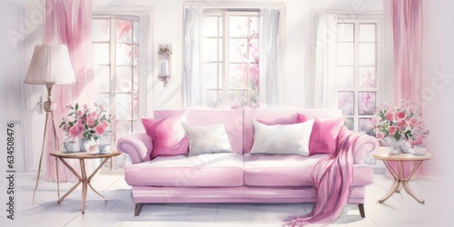 a pretty living room with pink curtains  generative AI