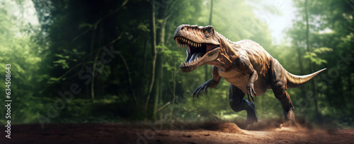 Tyrannosaurus Rex Dinosaur, Roaring T-Rex: Majestic Dino in Full Stride Through the Jungle, Teeth Bared