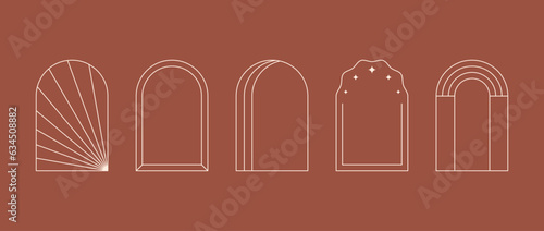 Boho style linear arc frame collection. Bohemian decorative ornamental border set for badge, logo, card, poster, banner, template. Terracotta arch design elements with stars, column, sunbeams. Vector