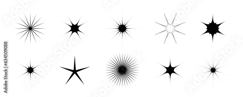 Black stars and twinkles set. Retro bling collection. Abstract simple starburst shine effect pack. Design element template for poster, banner, logo, card, icon, label, collage. Vector bundle