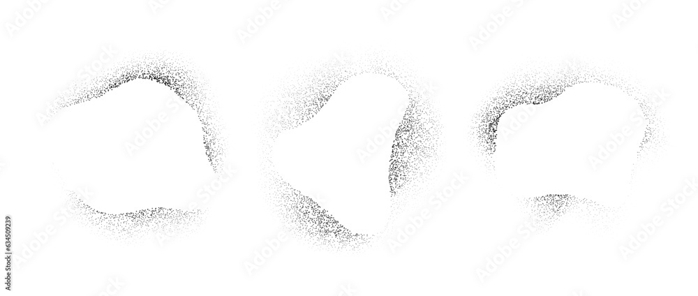 Abstract curved frames collection with spray stencil effect. Grunge dotted blob border shadow set. Faded noise texture shape bundle. Splattered elements for text box, banner, poster, template. Vector Abstract curved frames collection with spray stencil effect. Grunge dotted blob border shadow set. Faded noise texture shape bundle. Splattered elements for text box, banner, poster, template. Vector