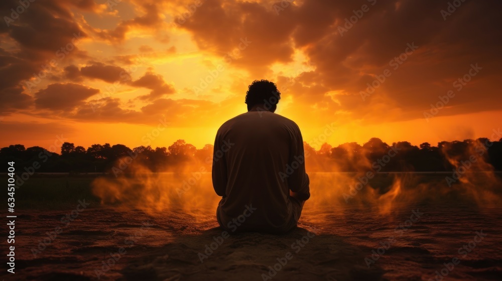 A Silent Prayer at Twilight: The Silhouette of a Man Lost in Thought and Faith Against a Sunset Sky - A Moment of Peaceful Contemplation - Generative AI A Silent Prayer at Twilight: The Silhouette of a Man Lost in Thought and Faith Against a Sunset Sky - A Moment of Peaceful Contemplation - Generative AI