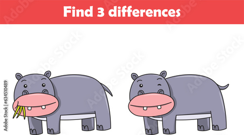 Education game for children find three differences between two hippopotamus animal cartoon. Vector illustration