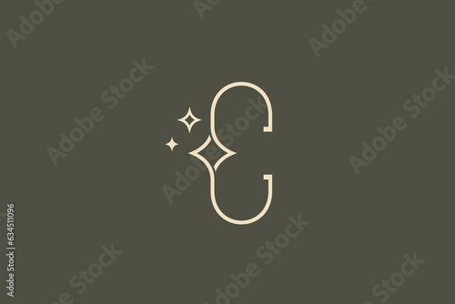 Letter C line art logo vector illustration with sparkling stars