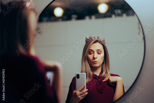Funny Egocentric Lady Taking Selfish in the Mirror. Narcissistic queen feeling in love with herself 
