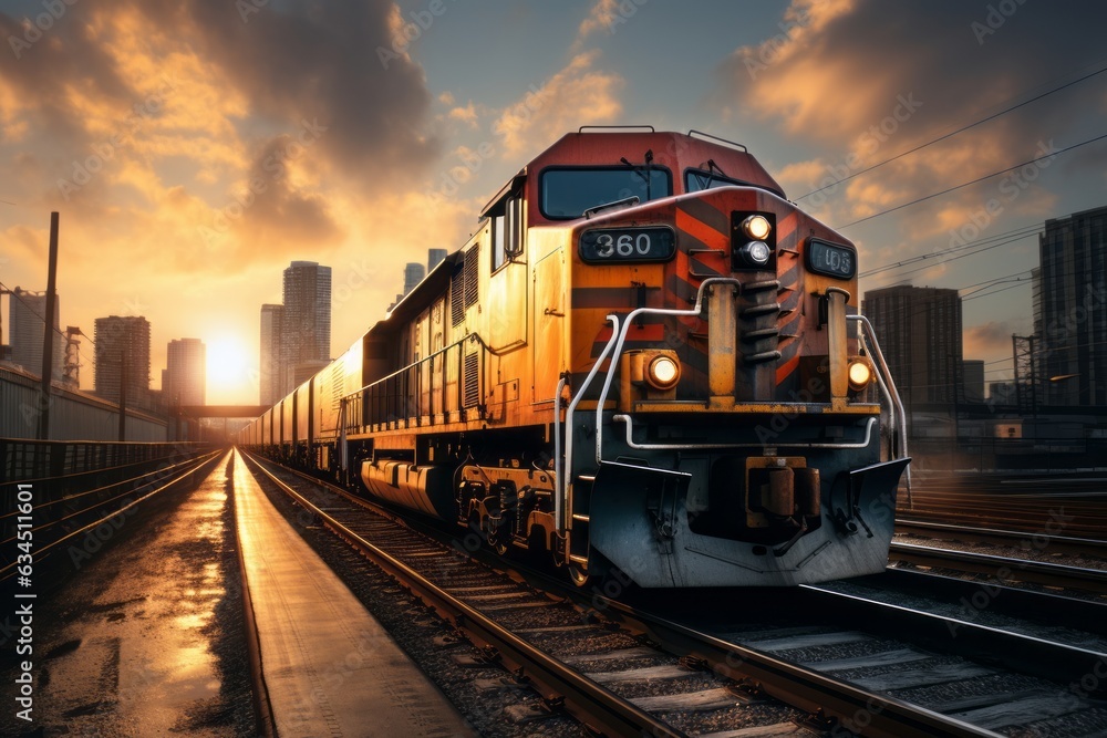 Freight Train Passing Through a City, Generative AI Freight Train Passing Through a City, Generative AI