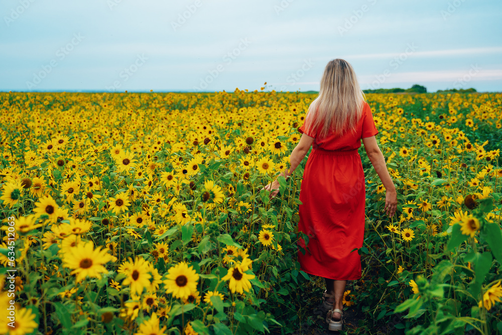 A young woman in a red dress walks through a field of sunflowers. A young woman in a red dress walks through a field of sunflowers.