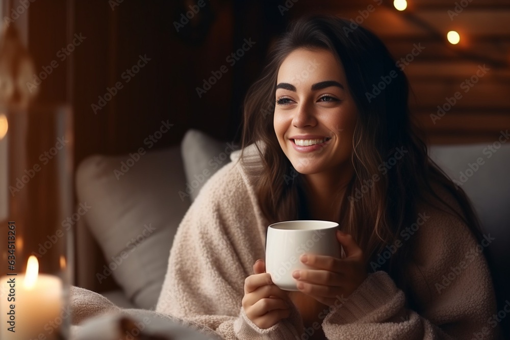 Generative AI : Happy young woman drinking a cup of tea in an autumn morning. Generative AI : Happy young woman drinking a cup of tea in an autumn morning.