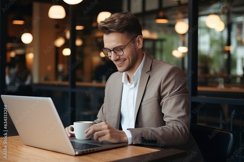 Generative AI : Cheerful millennial caucasian man in suit typing on computer, calls by smartphone at workplace Generative AI : Cheerful millennial caucasian man in suit typing on computer, calls by smartphone at workplace