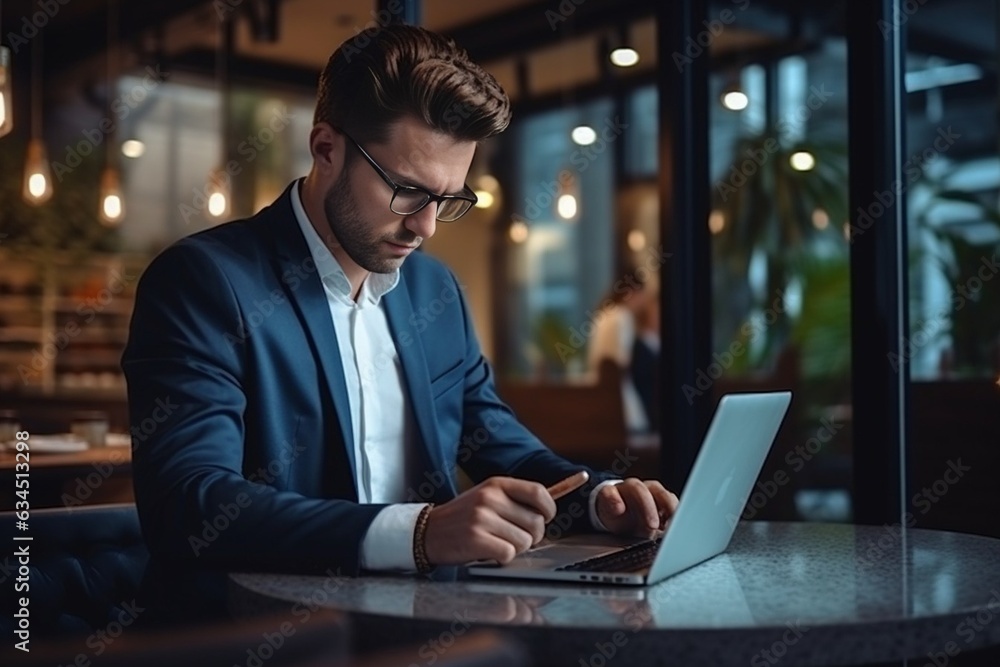 Generative AI : Cheerful millennial caucasian man in suit typing on computer, calls by smartphone at workplace Generative AI : Cheerful millennial caucasian man in suit typing on computer, calls by smartphone at workplace