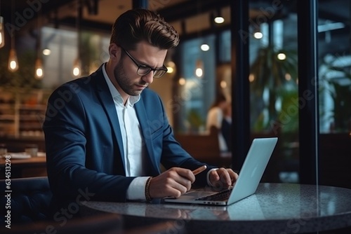 Generative AI : Cheerful millennial caucasian man in suit typing on computer, calls by smartphone at workplace
