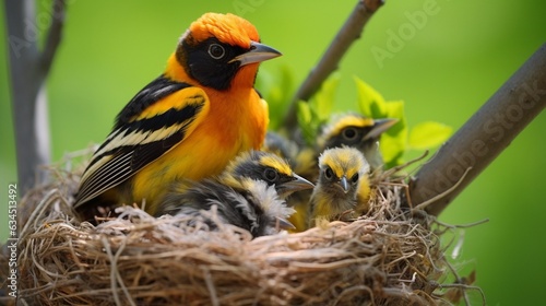 Generative AI : Oriole on a nest with chicks, feeds the chicks.