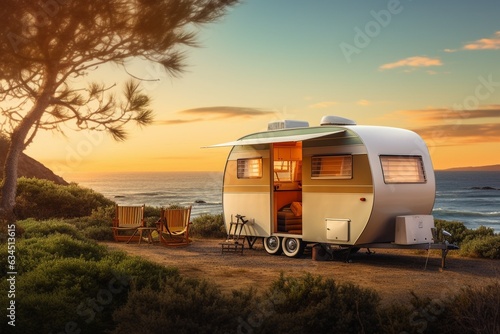 Generative AI : travel trailer Caravan before sunset near ocean or sea.