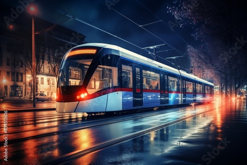 Generative AI : Dynamic Night Motion: Tram Lights in Urban Cityscape