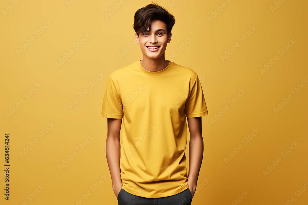 Portrait of a young Caucasian man with a yellow mock-up t-shirt for design. Yellow background Portrait of a young Caucasian man with a yellow mock-up t-shirt for design. Yellow background