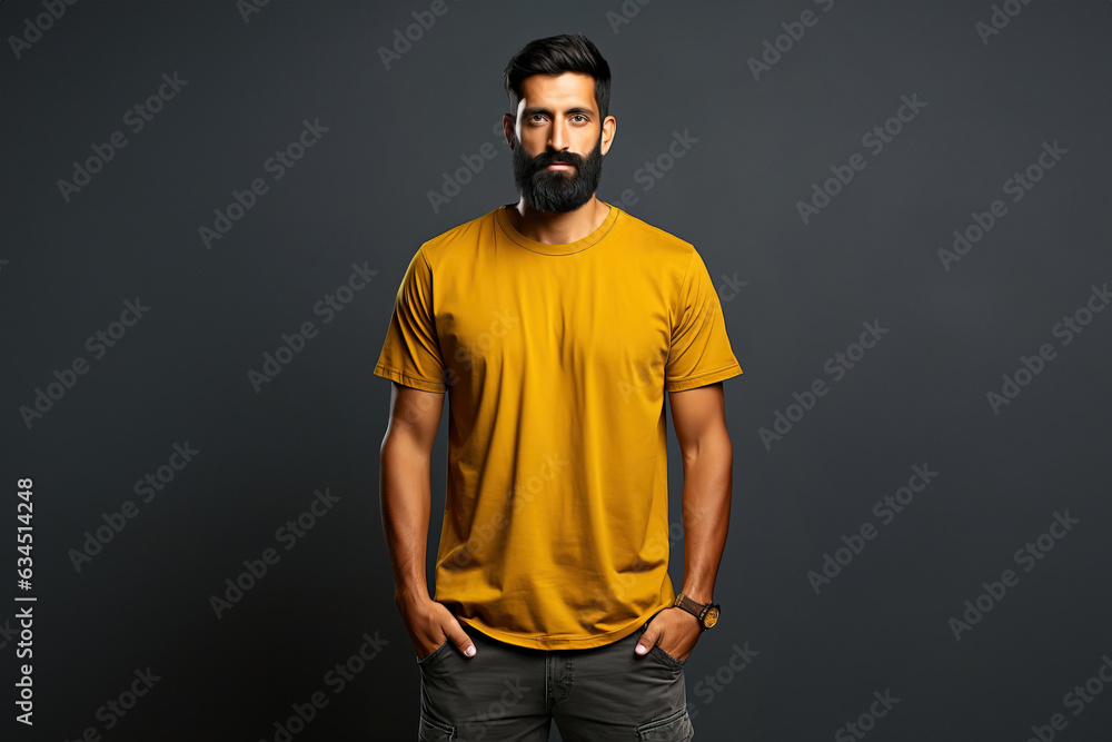 Mock-up for designing a plain yellow t-shirt on a gray background