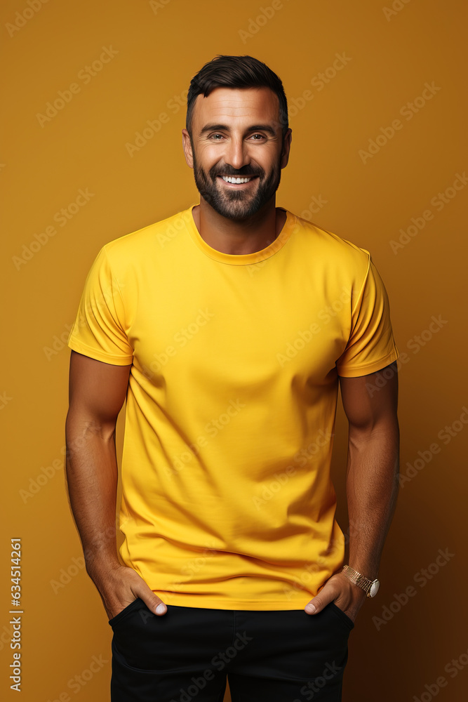 Young man in yellow shirt mockup on yellow background. T-shirt design template for print presentation Young man in yellow shirt mockup on yellow background. T-shirt design template for print presentation