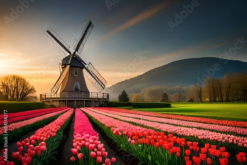 windmill and tulips photo
