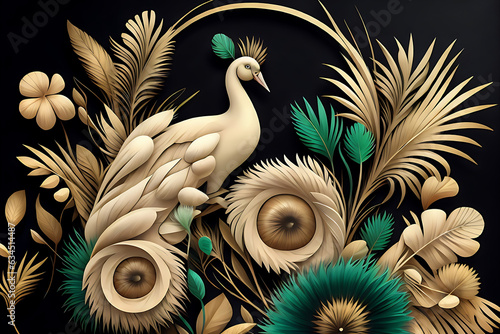 3d modern interior mural painting wall art decor abstraction wallpaper with white, dark green and golden tropical palm leaf branches and flowers with feathers peacock bird illustration background