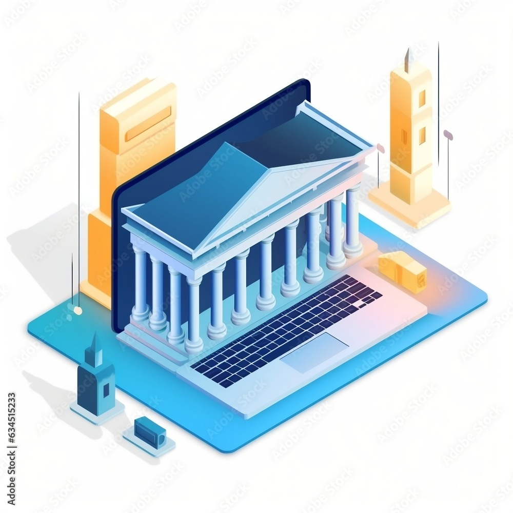 Isometric illustration of a bank and city placed on a laptop. Isometric illustration of a bank and city placed on a laptop.