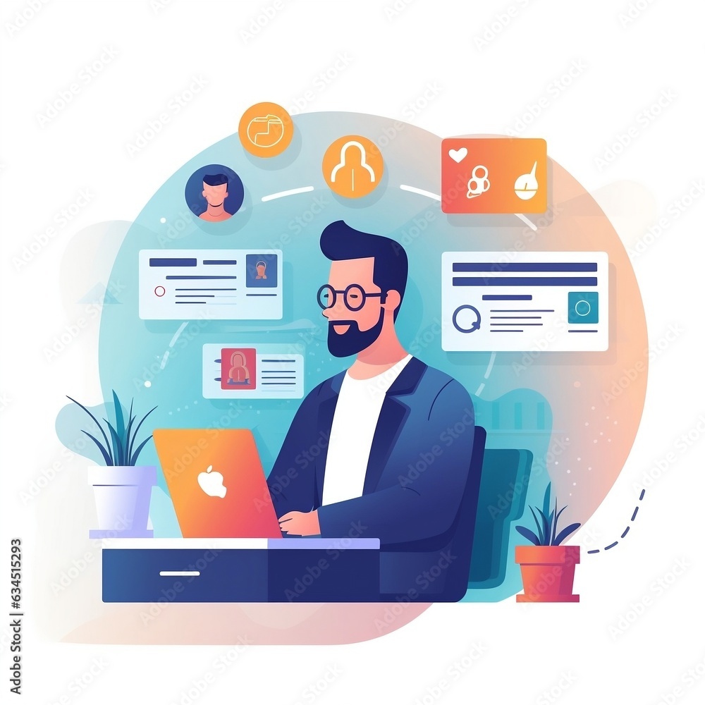 Fototapeta premium Flat illustration of a man working on a laptop with financial and technological elements.