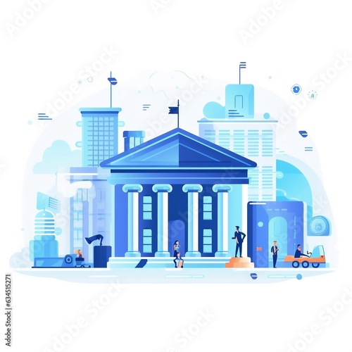 Flat minimal illustration of a bank with people and a cityscape and icons of banking services.