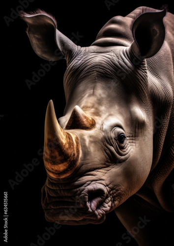 Animal portrait of a rhino on a dark background conceptual for frame