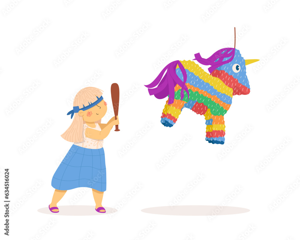 Cute little girl playing with a pinata. Vector illustration. Summer activities. Kids have fun outside. Funny character. Isolated on a white background Cute little girl playing with a pinata. Vector illustration. Summer activities. Kids have fun outside. Funny character. Isolated on a white background