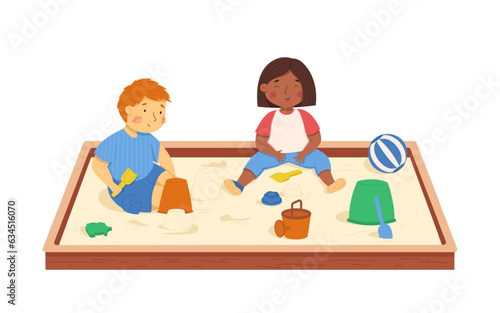 Little boy and girl playing in the sandbox. Multiculturalism and diversity. Vector illustration. Summer activities. Kids have fun outside. Funny character. Isolated on a white background