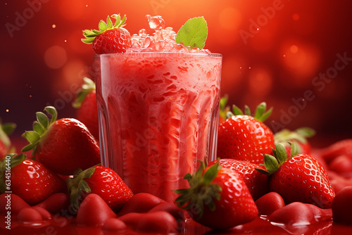 Generative AI Image of a Glass of Strawberry Fruit Juice with Ice Looks Fresh